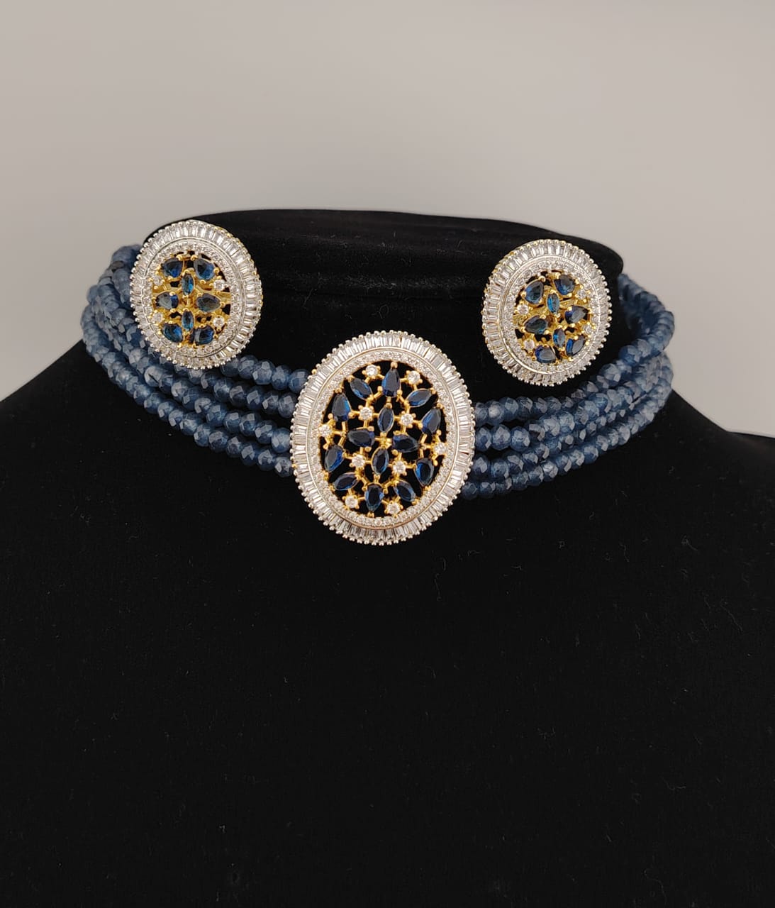 Dual tone blue sapphire choker with  American diamonds and CZ stones