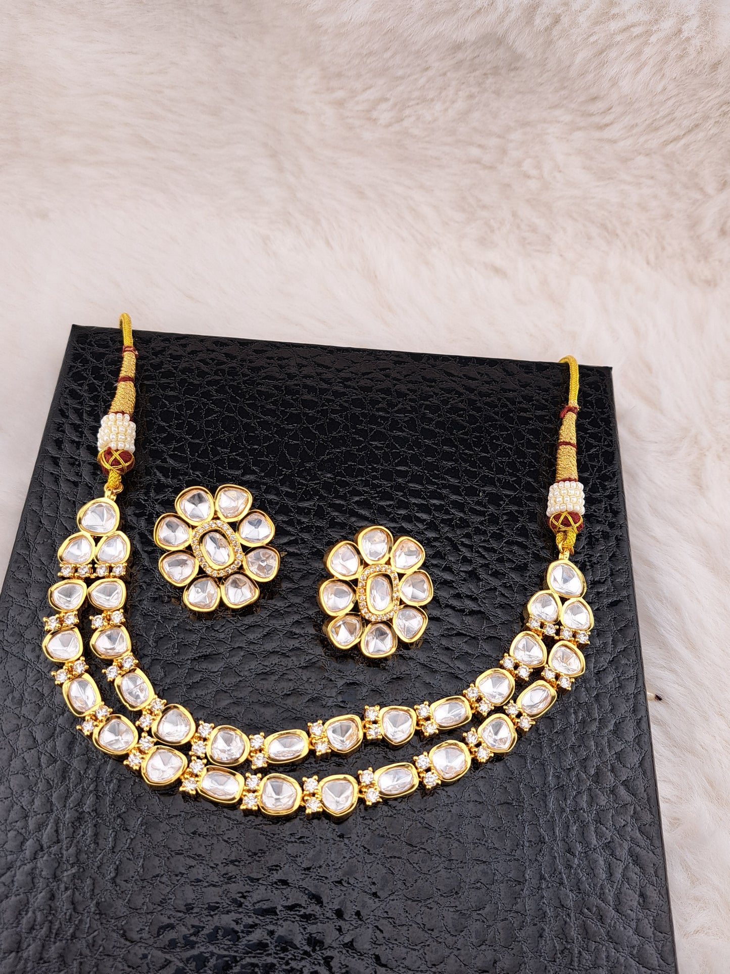 Mossanite kundan double layer set with big studs