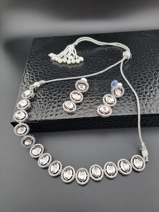 Silver necklace with kundans and american diamonds 
