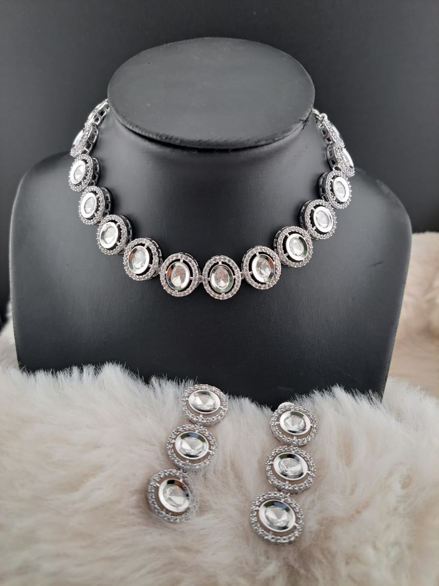 Silver necklace with kundans and american diamonds