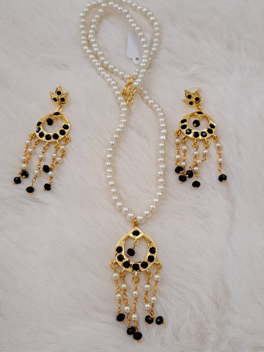 Pearl set with mini chand bali danglers with black stone n beads