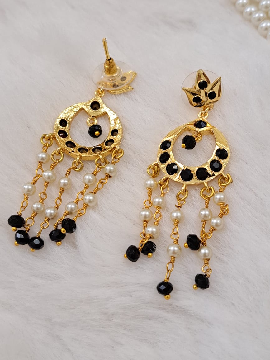 Pearl set with mini chand bali danglers with black stone n beads