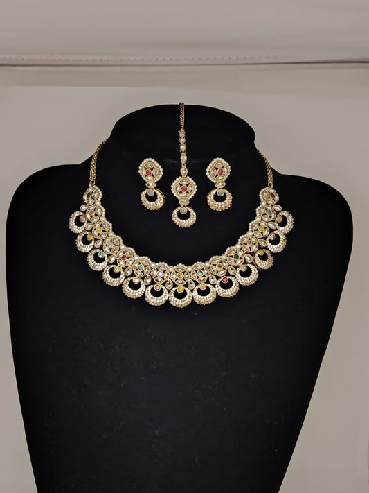 Gorgeous victoria(mehndi)polish necklace set with muli-color doublet stones