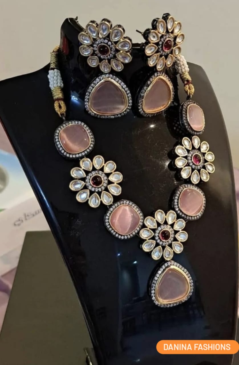Pink duplet stones necklace with kundans & AD