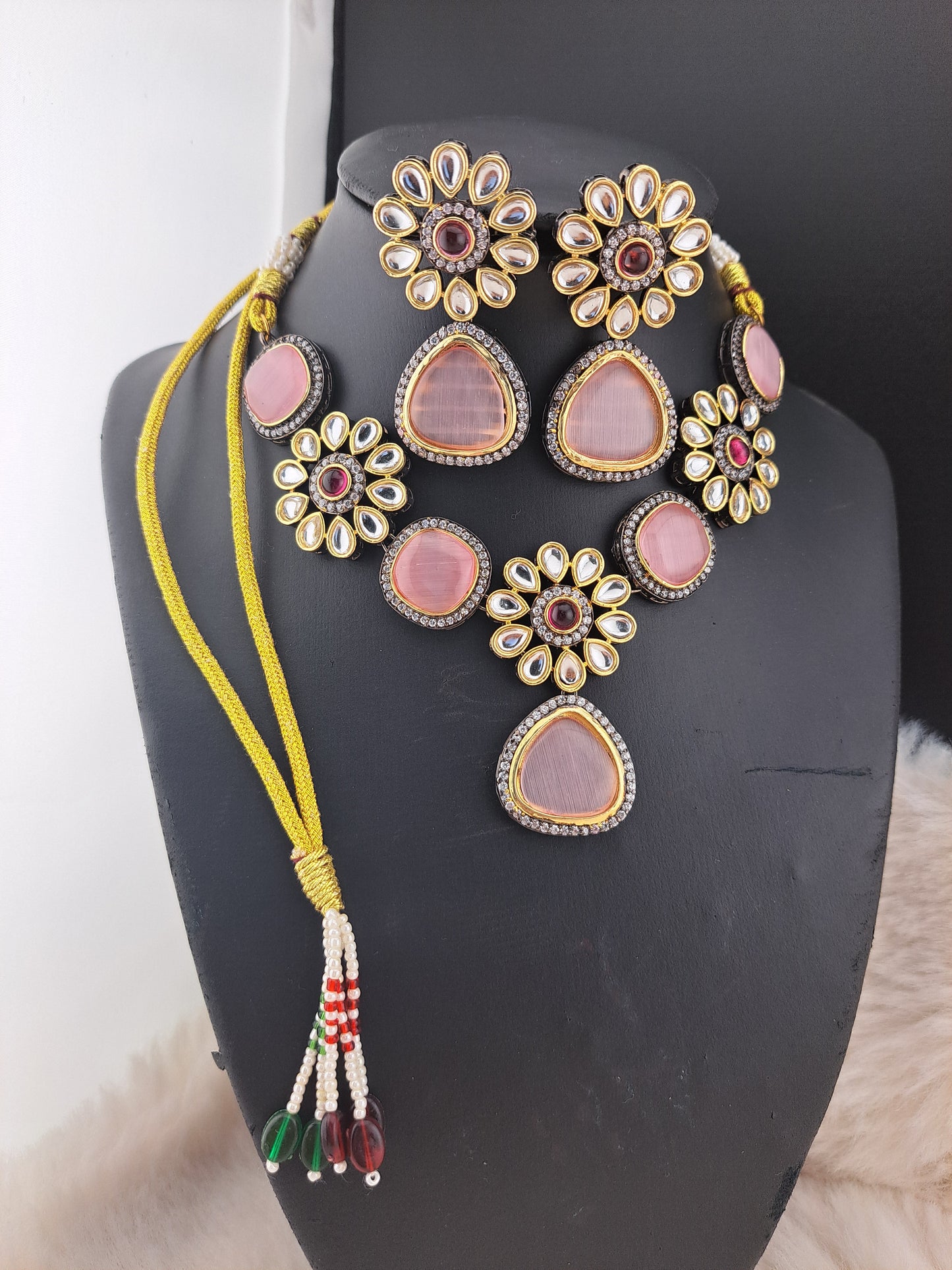 Pink duplet stones necklace with kundans & AD.