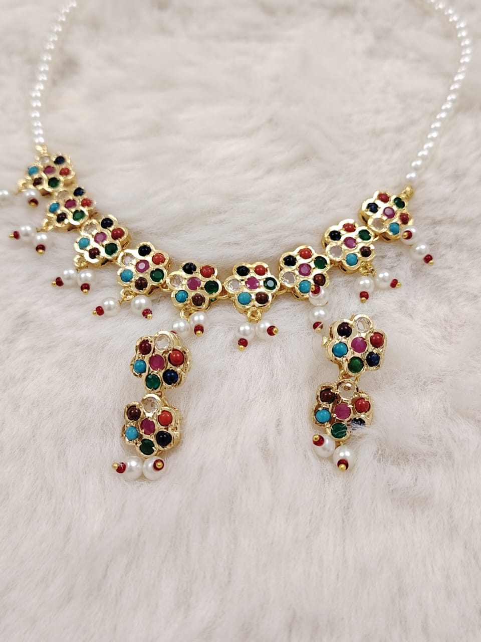 Semi-precious pearl set with navratan (multicolor)gemstones