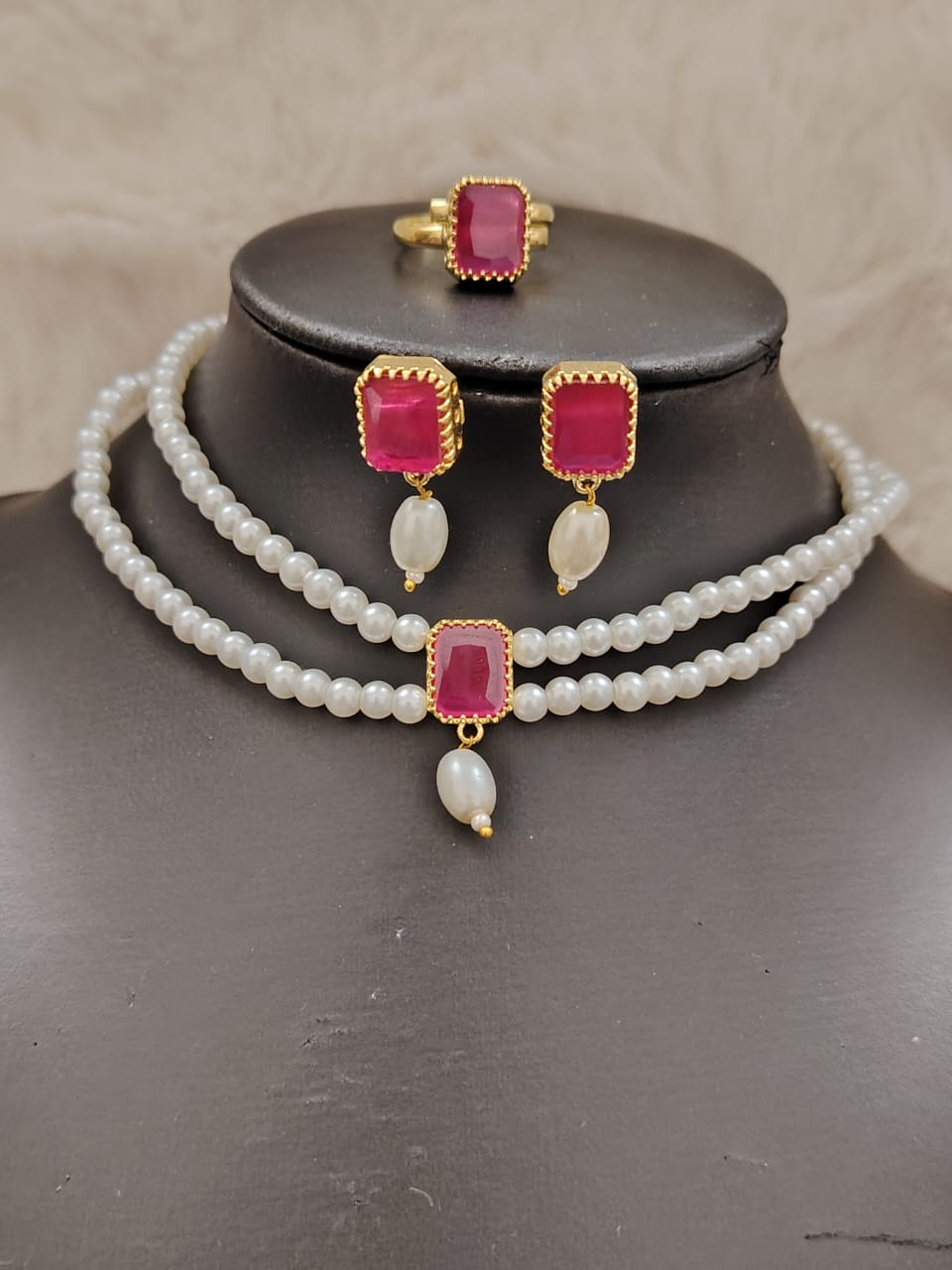 Beautiful hyderabadi pearl set with magenta stone