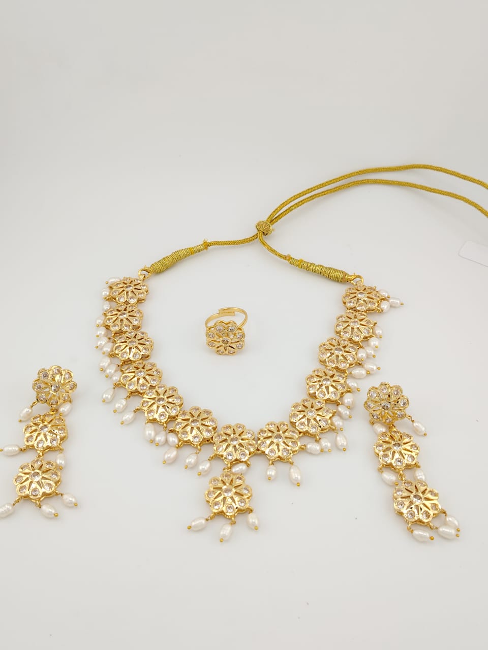 White stone floral necklace with real pearls and adjustable dori