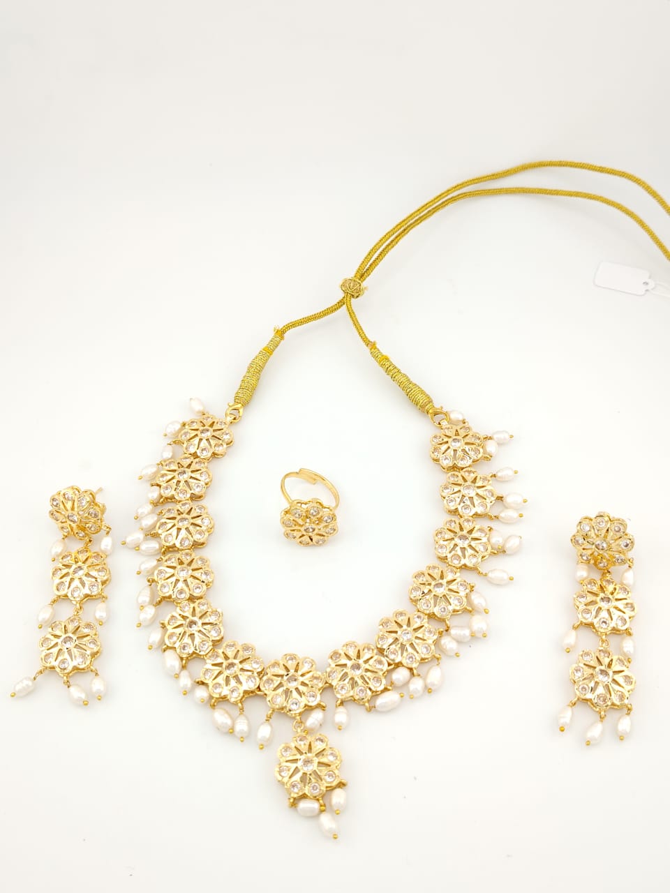 White stone floral necklace with real pearls and adjustable dori