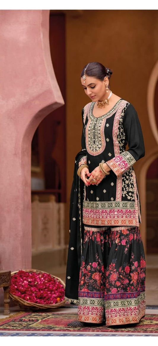 Black sharara set with digital prints and aari embroidery
