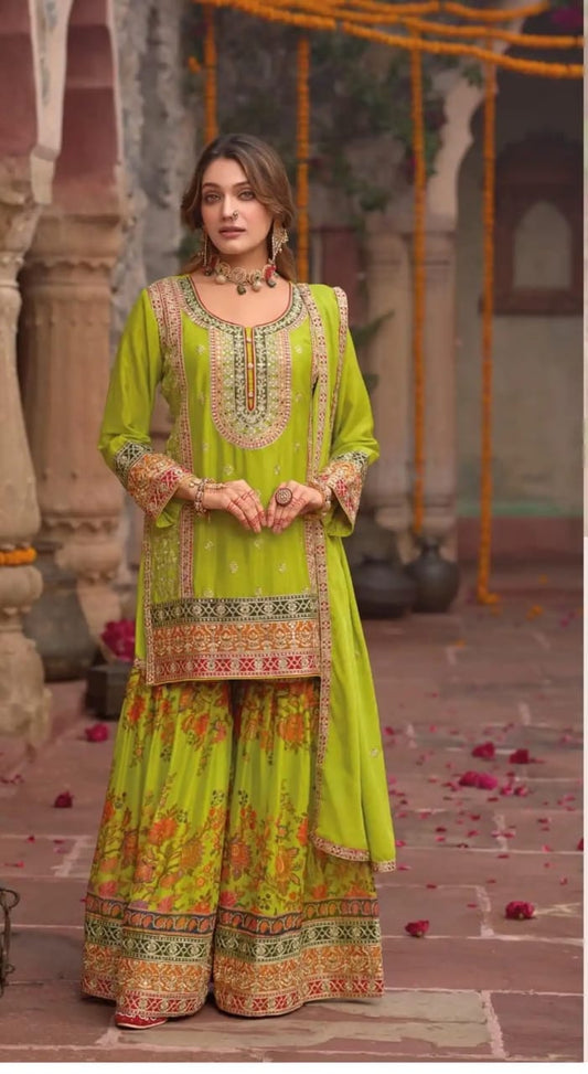 Green color sharara set with digital prints and aari embroidery
