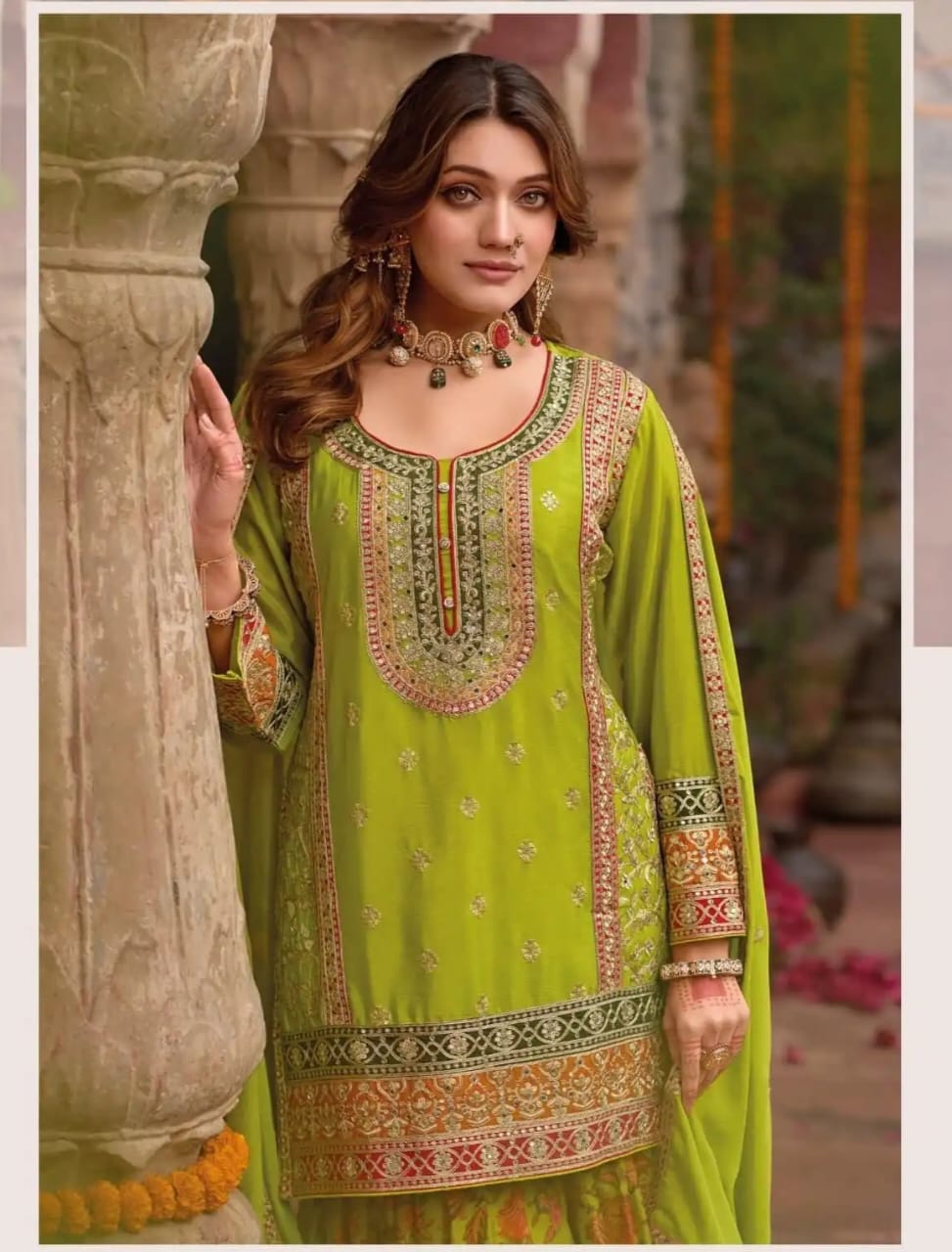 Green color sharara set with digital prints and aari embroidery