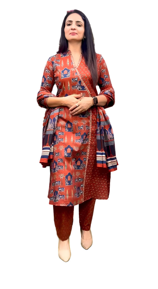 Pure cotton angrakha style salwar kameez with ethnic digital prints(animal and achitectural motifs)