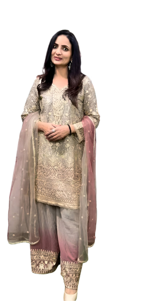 Aari embroidered 3pc suit with ombre dyed in mauve and wine shades with net dupatta