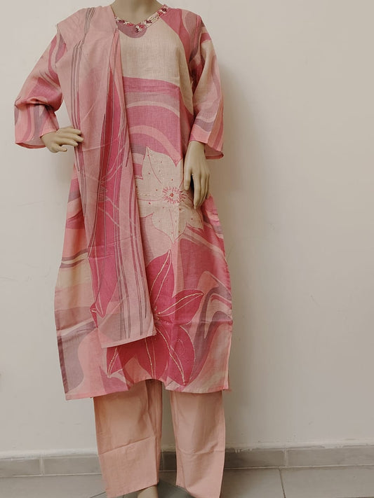 Jute cotton placement print salwar kameez