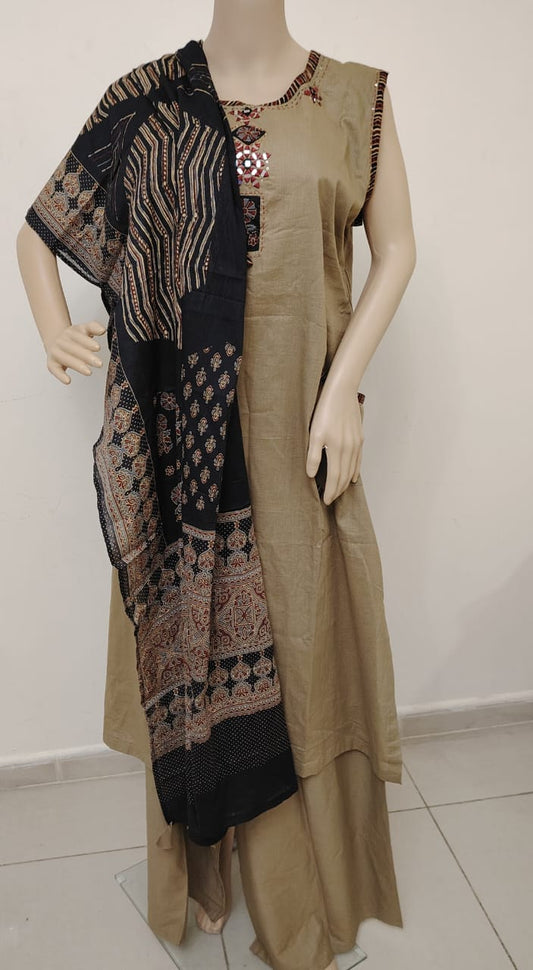 Pure cotton light brown 3pcs suit with mal cotton printed dupatta