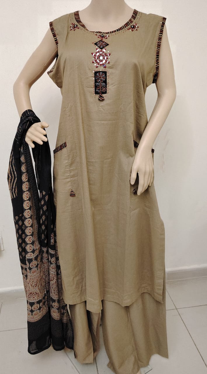 Pure cotton light brown 3pcs suit with mal cotton printed dupatta