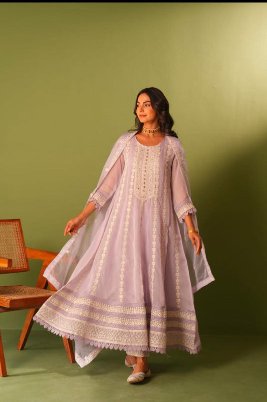 Anarkali suit with kali pattern in lavender