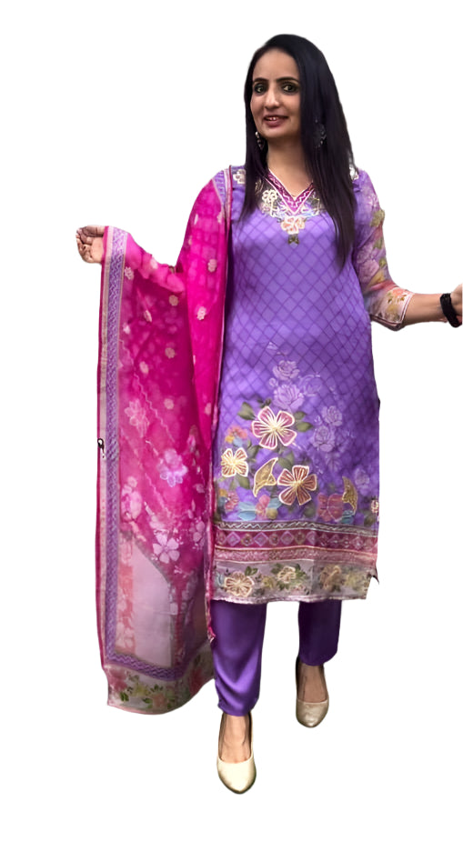 Noor organza-feel festive suit in pink and purple shades.