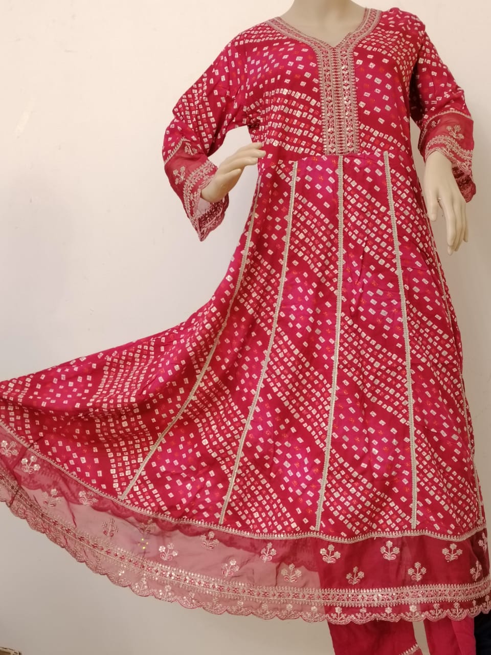 Rayon Anarkali dress with bandhni prints - 3pcs suit