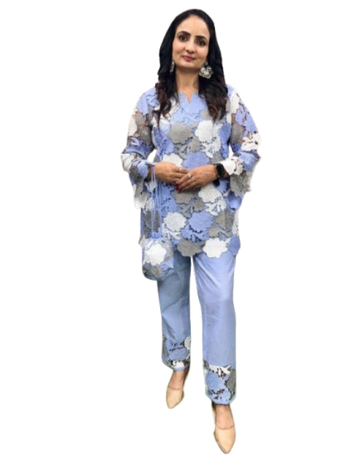Elegant schiffli co-ord set in sky blue and grey floral cut-work with matching potli bag