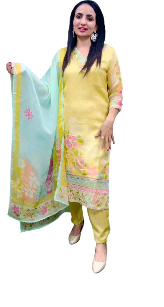 Noor organza - feel festive suit in yellow and aqua mint color 
