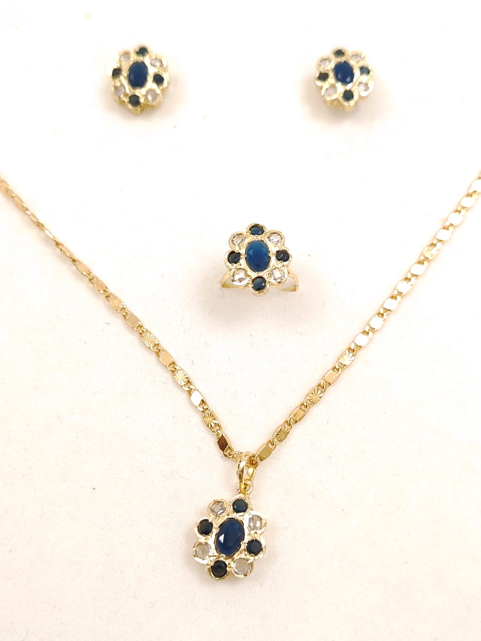 Pendant set with chain and finger ring- polki and blue sapphire