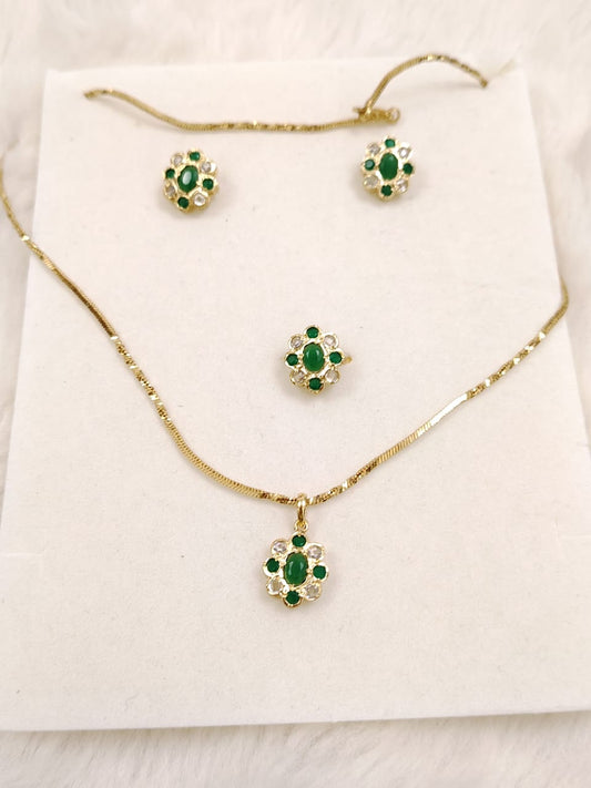 Pendant set with chain and finger ring- emerald and polki