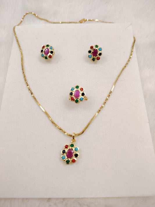 Pendant set with chain and finger ring- multicolor(navrathan)