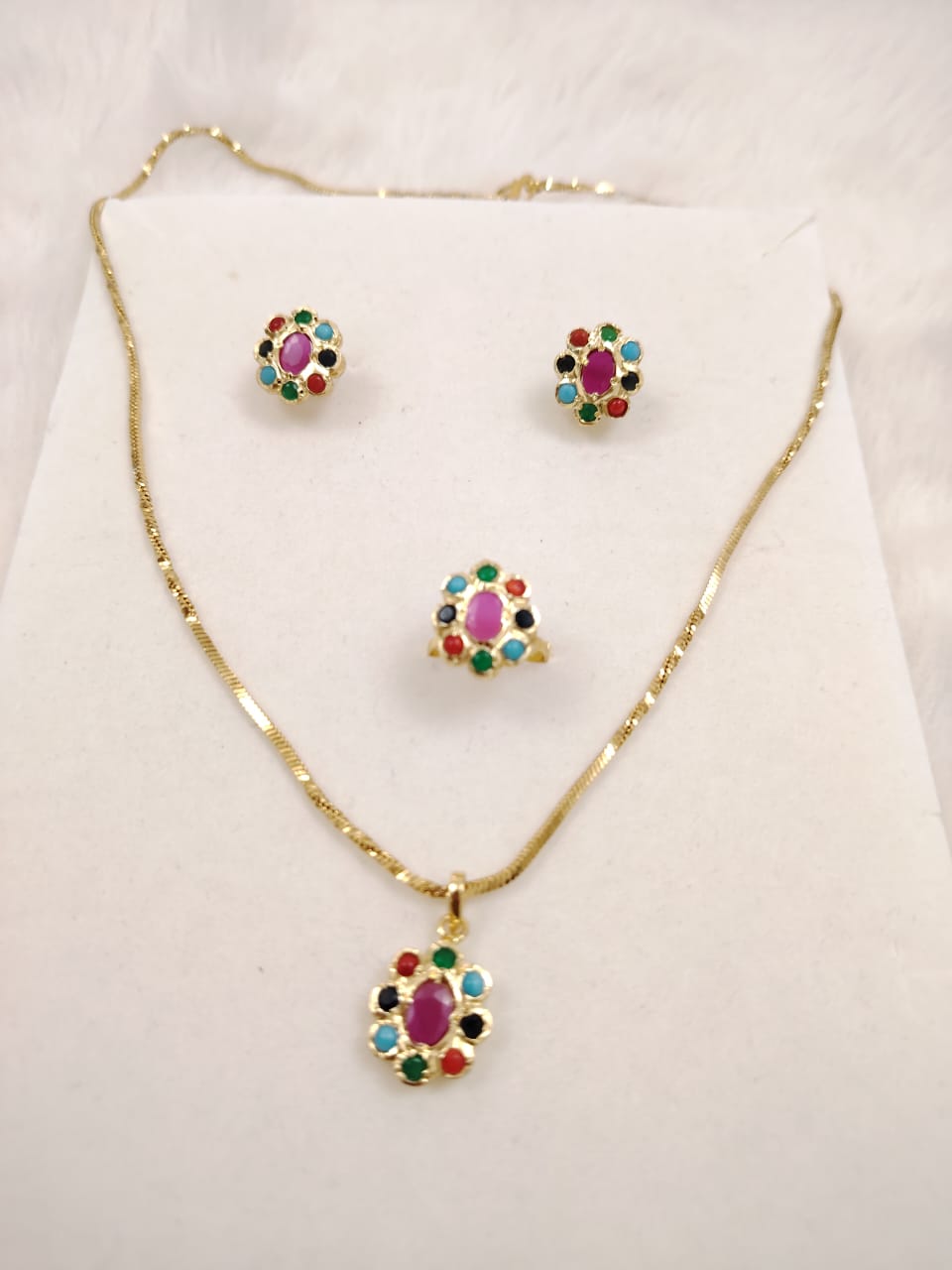 Pendant set with chain and finger ring- multicolor(navrathan)