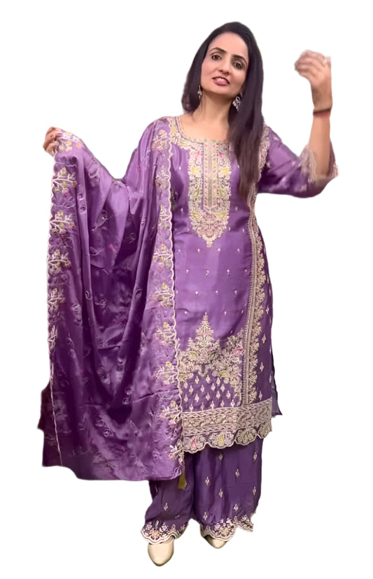 Pure chinon silk palazzo set with aari embroidery