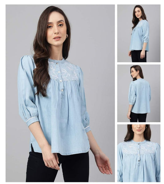 Denim tunic top with embroidered yolk