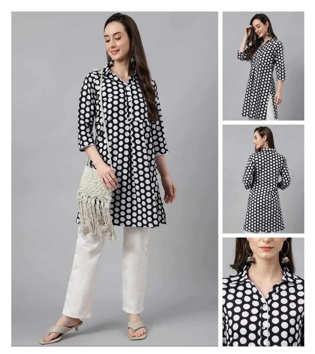 Cotton tunic top black with polka dots