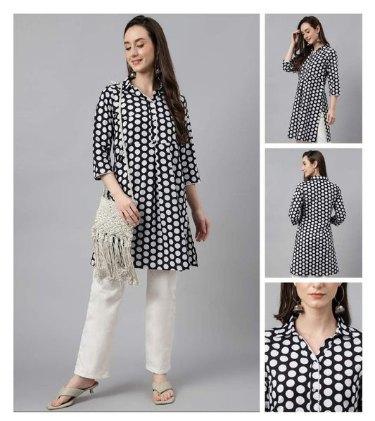 Cotton tunic top black with polka dots