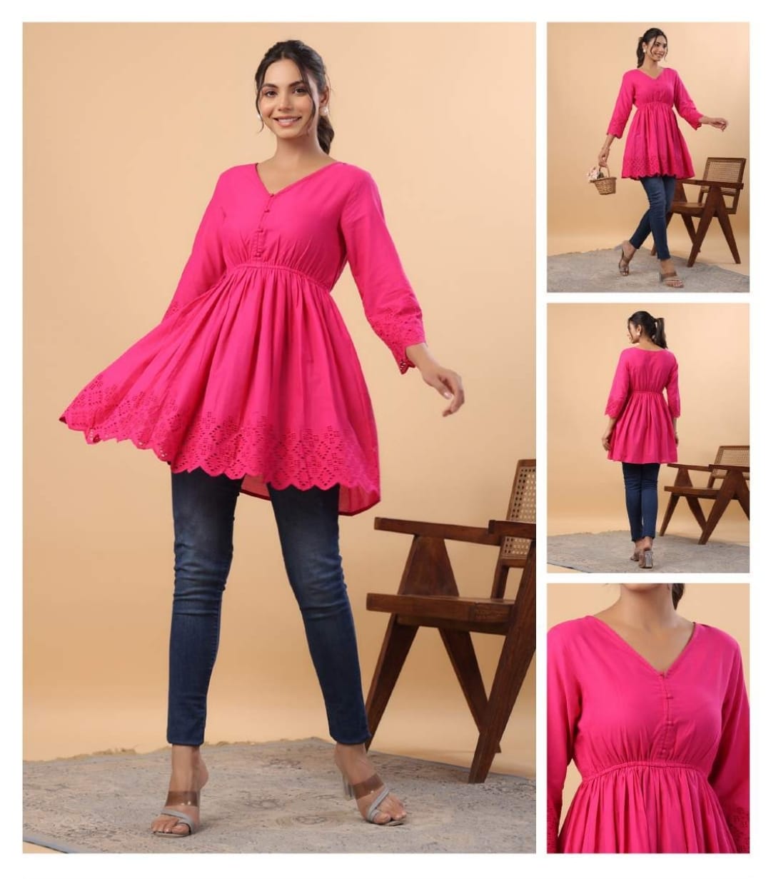 Cotton schiffli work tunic in dark pink 