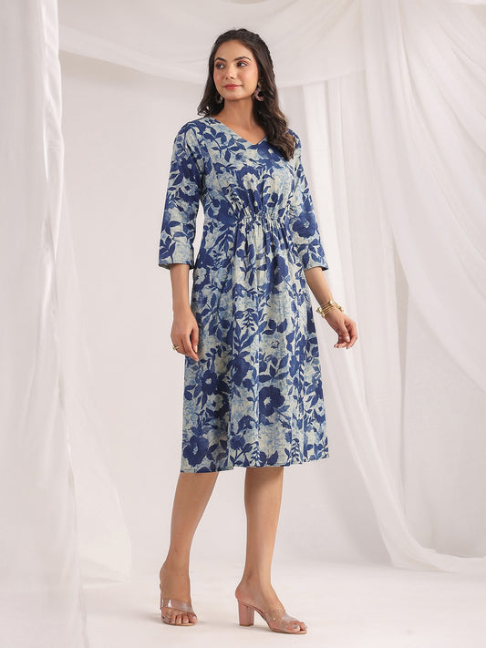 Cotton dress with blue floral prints