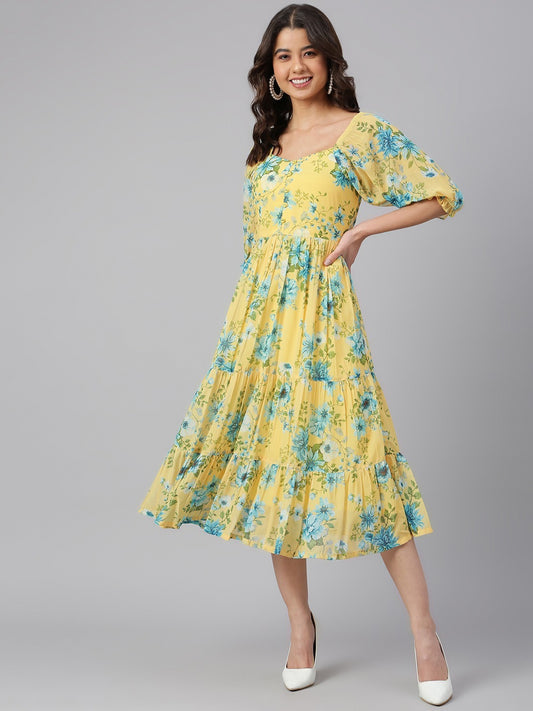 Georgette midi dress with double layer flare in yellow