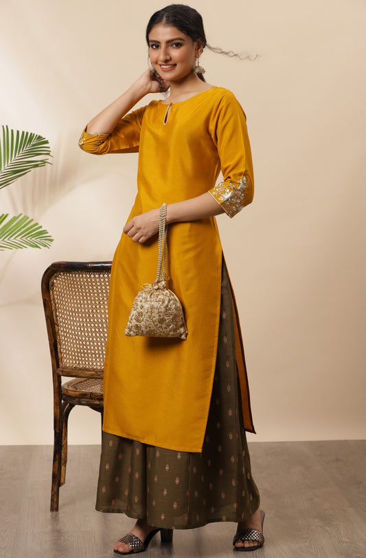 Poly silk kurti with embroidered sleeves