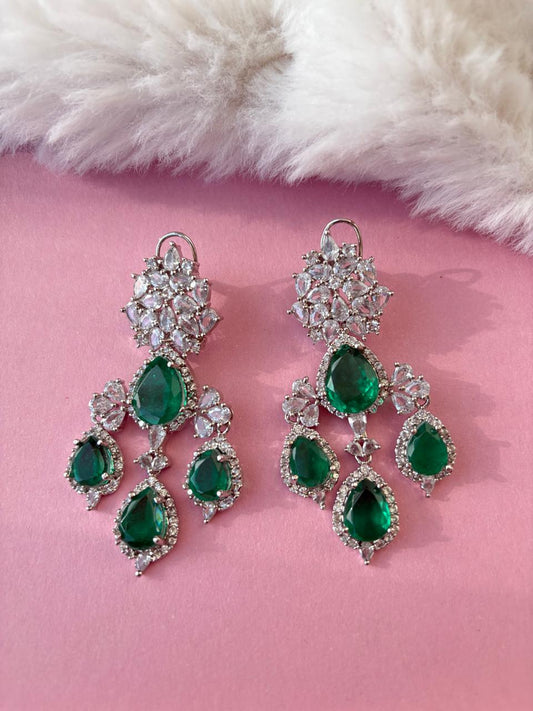 Emerald green drop earrings with CZ stones - bridal & party wear