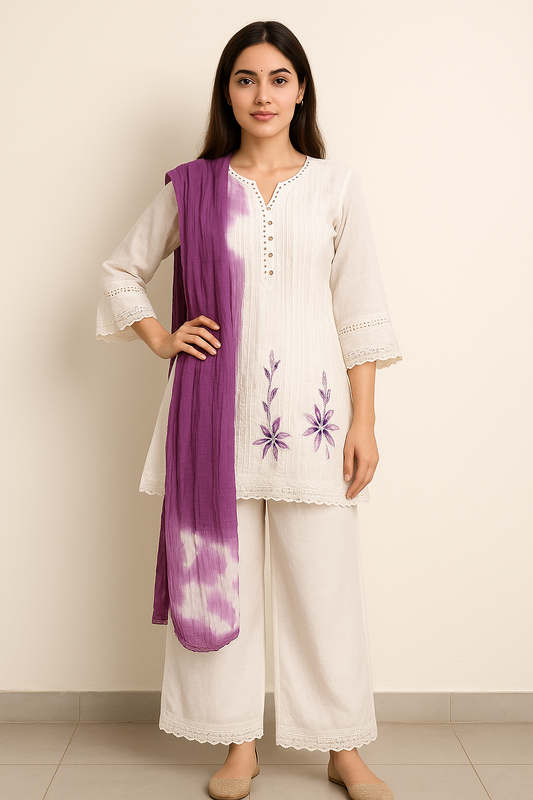 Off-white kora cotton short kurti and pant set with brush paint and dyed dupatta.